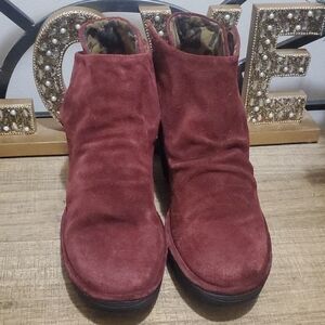 FLY London Women Yebi Merlot Wine Suede Ruched Ankle Booties Tie Back 39 8 8.5